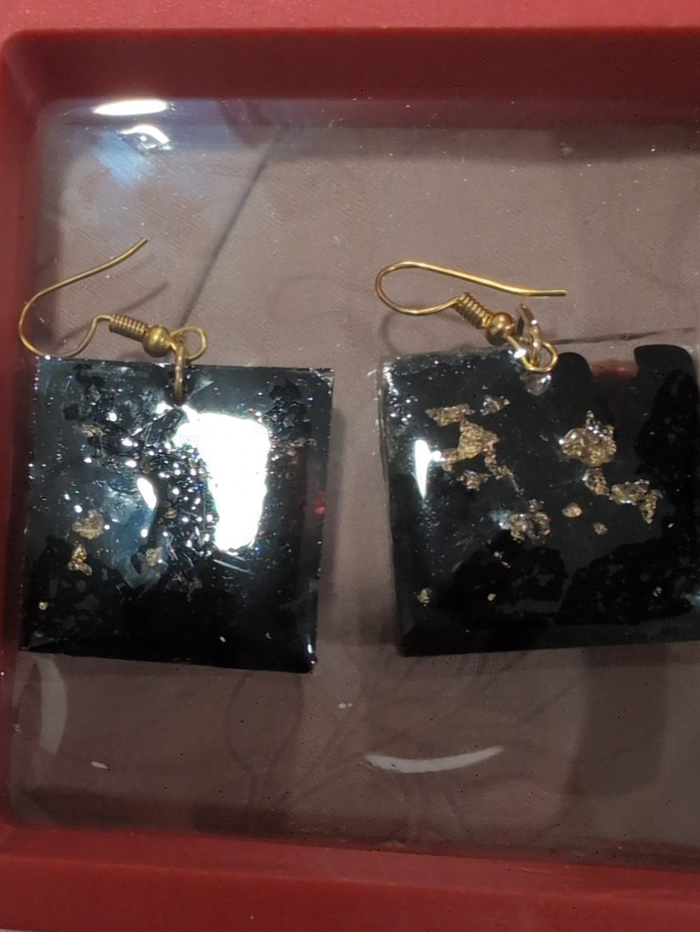 Black Square Resin Drop Earrings with Gold Leaf Accents Handmade